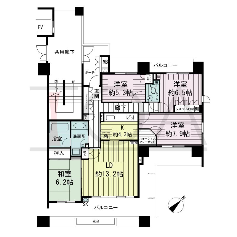 神戸海岸通ハーバーフラッツ8番館の間取り図 南東向き 4LDK 専有面積100.11m2
バルコニー面積38.74m2
ポーチ面積6.35m2