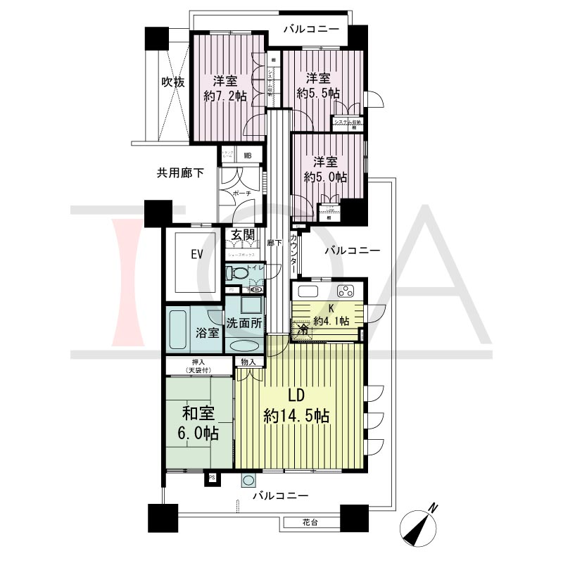 神戸海岸通ハーバーフラッツ8番館の間取り図 南東向き角 4LDK 専有面積97.91m2
バルコニー面積38.77m2
ポーチ面積3.51m2