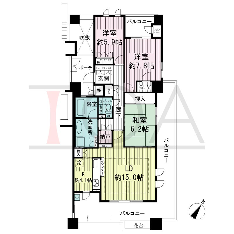 神戸海岸通ハーバーフラッツ8番館の間取り図 南東向き角 3LDK 専有面積92.52m2
バルコニー面積37.82m2
ポーチ面積6.69m2