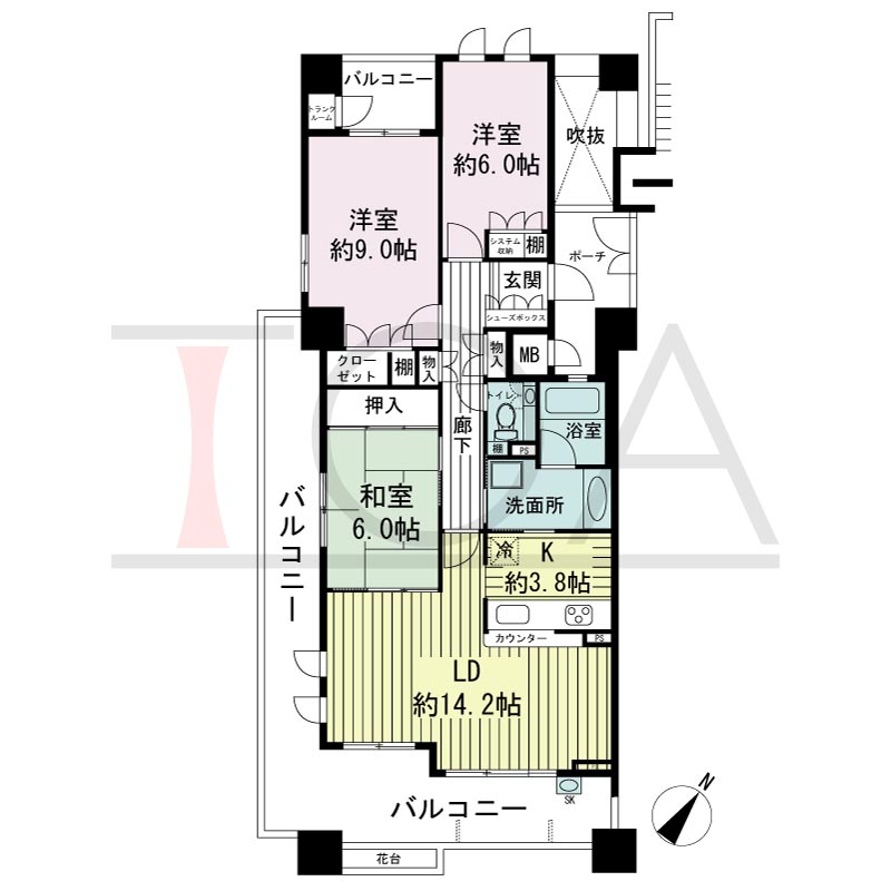 神戸海岸通ハーバーフラッツ8番館の間取り図 南向き角 3LDK 専有面積87.76m2
バルコニー面積32.67m2
ポーチ面積6.63m2