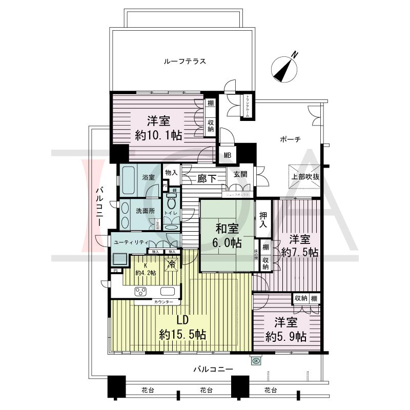 神戸海岸通ハーバーフラッツ8番館の間取り図 南向き角 4LDK+ルーフテラス 専有面積110.87m2
バルコニー面積36.81m2
ポーチ面積18.95m2