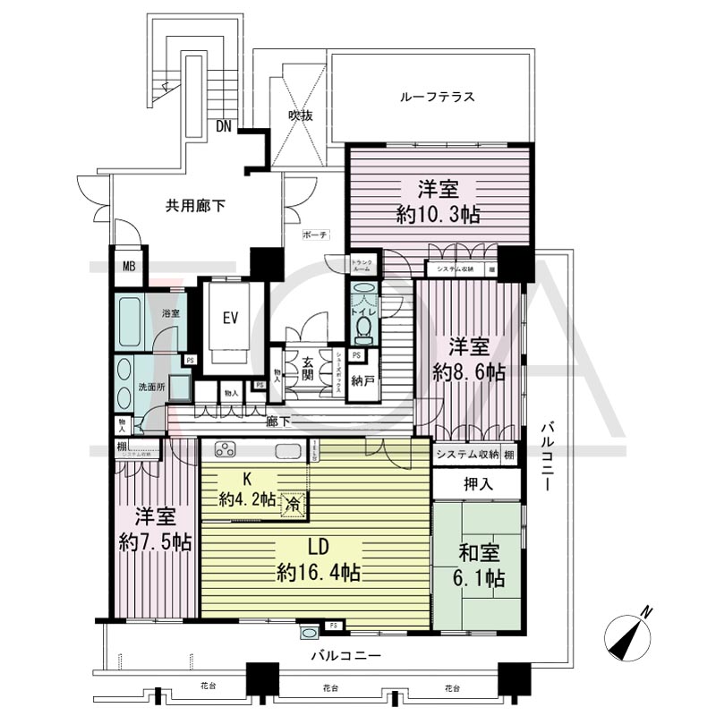 神戸海岸通ハーバーフラッツ8番館の間取り図 南東向き角 4LDK+ルーフテラス 専有面積121.94m2
バルコニー面積38.39m2
ポーチ面積9.17m2