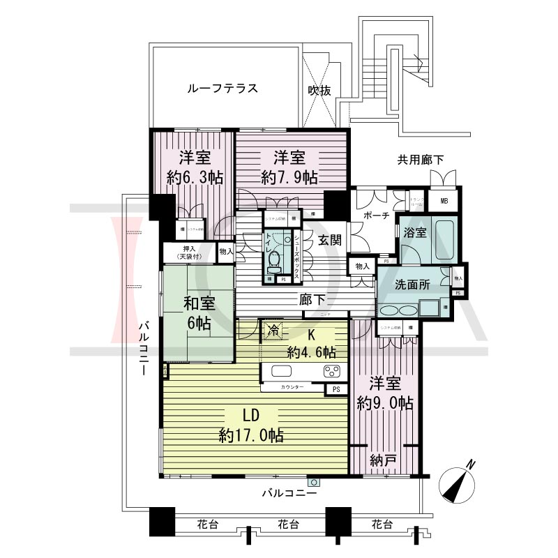 神戸海岸通ハーバーフラッツ8番館の間取り図 南向き角 4LDK+ルーフテラス 専有面積116.82m2
バルコニー面積36.45m2
ポーチ面積4.92m2