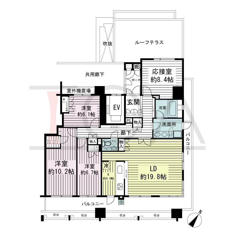 神戸海岸通ハーバーフラッツ8番館の間取り図 南東向き角 4LDK+ルーフテラス 専有面積125.45m2
バルコニー面積40.45m2
ポーチ面積3.72m2