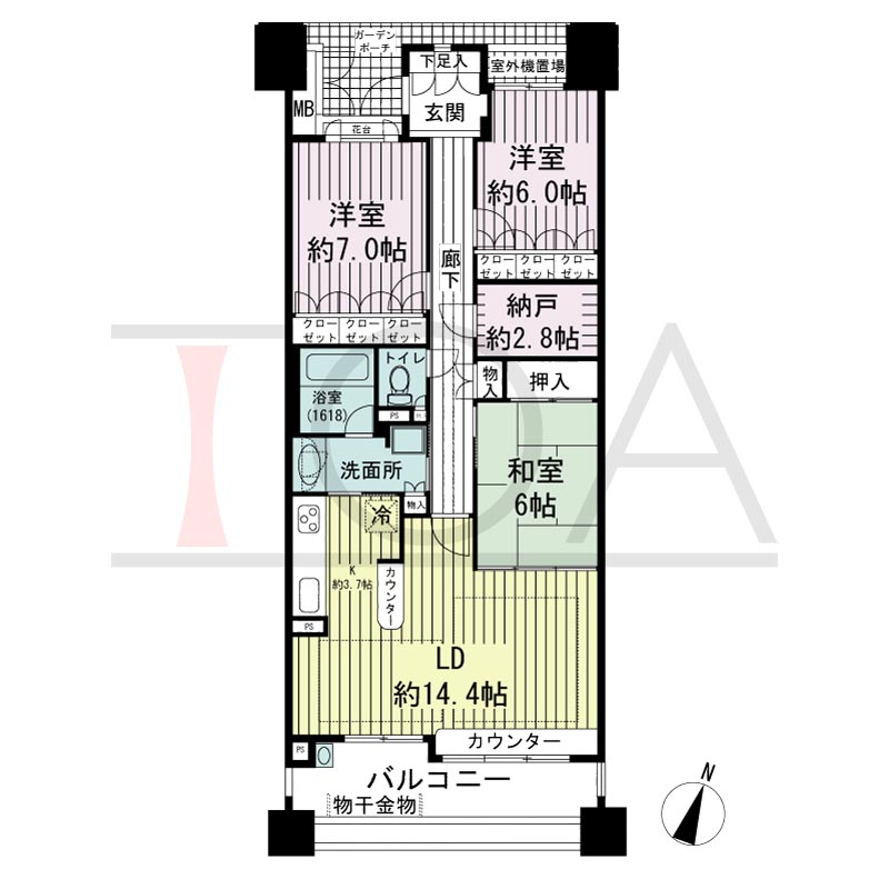 摩耶シーサイドプレイスイースト2番館の間取り図 南向き　3LDK+納戸　専有面積92.80m2
バルコニー面積14.39m2
ポーチ面積2.76m2