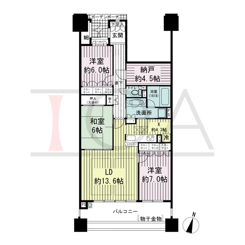 摩耶シーサイドプレイスイースト2番館の間取り図 南向き　3LDK+納戸　専有面積95.20m2
バルコニー面積17.81m2
ポーチ面積2.38m2
