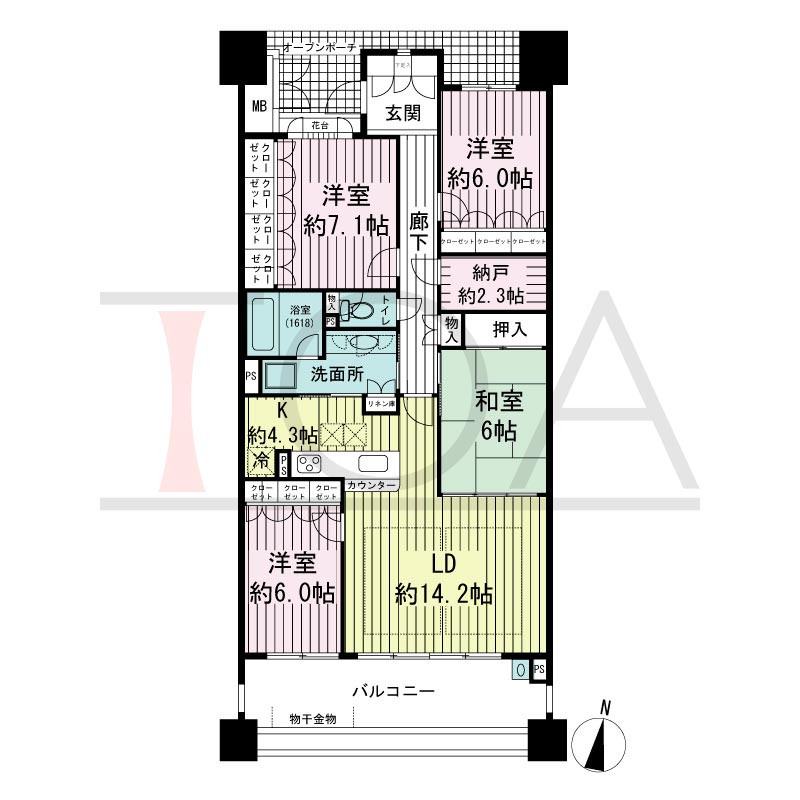 摩耶シーサイドプレイスイースト2番館の間取り図 南向き　4LDK+納戸　専有面104.30m2
バルコニー面積17.81m2
ポーチ面積3.37m2