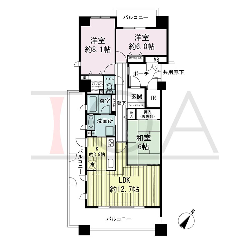 神戸海岸通ハーバーフラッツ4番館の間取り図 南東向き角　3LDK　専有面積83.71m2
バルコニー面積28.94m2
ポーチ面積4.85m2