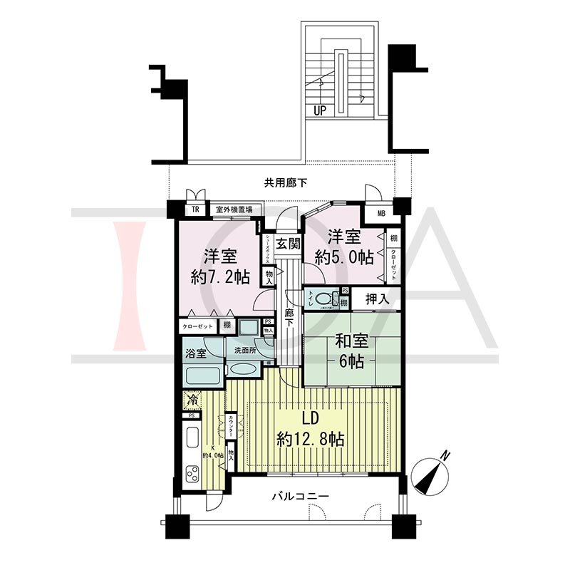 神戸海岸通ハーバーフラッツ4番館の間取り図 南東向き　3LDK　専有面積76.31m2
バルコニー面積12.29m2