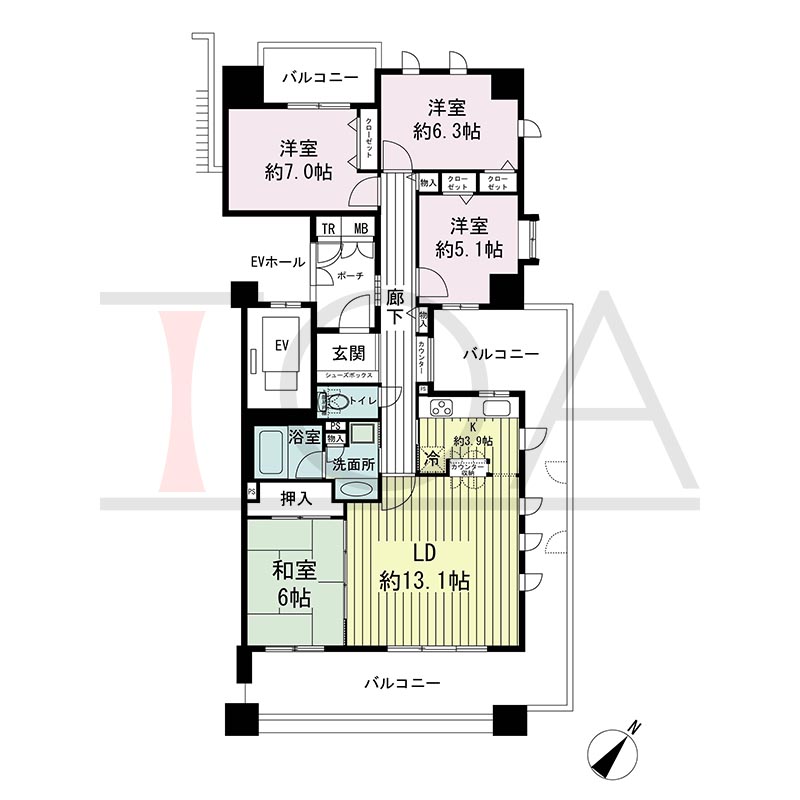 神戸海岸通ハーバーフラッツ4番館の間取り図 南東向き角　4LDK　専有面積92.63m2
バルコニー面積35.48m2
ポーチ面積3.86m2