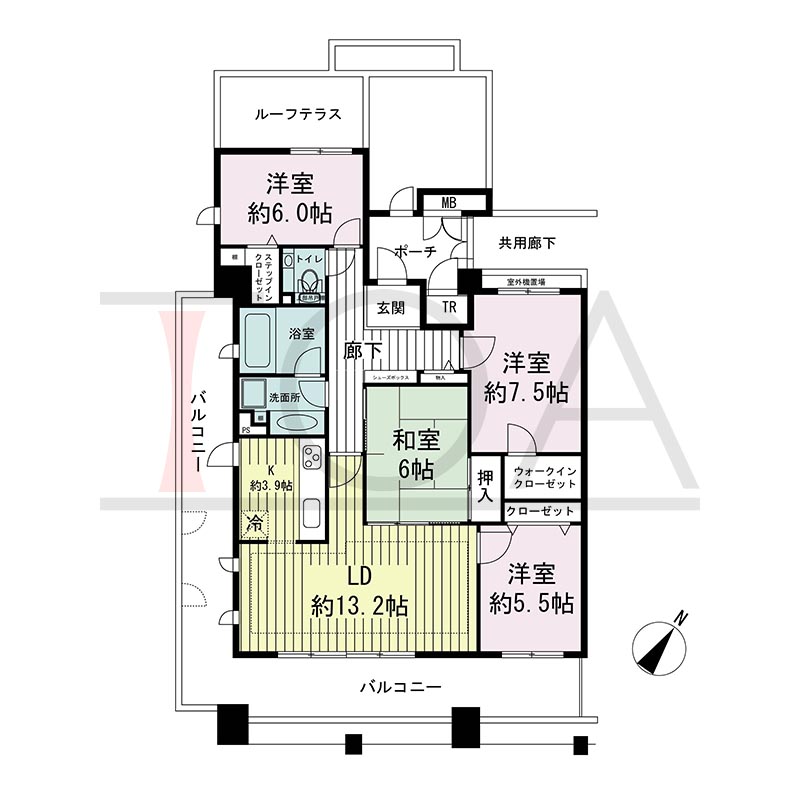 神戸海岸通ハーバーフラッツ4番館の間取り図 南東向き角　4LDK＋R〈ルーフテラス〉専有面積96.28m2
バルコニー面積28.66m2
ポーチ面積4.82m2