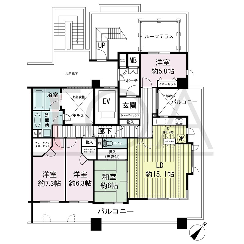 神戸海岸通ハーバーフラッツ4番館の間取り図 南東向き角　4LDK＋テラス＋R〈ルーフテラス〉専有面積109.18m2
バルコニー面積37.87m2
ポーチ面積3.69m2