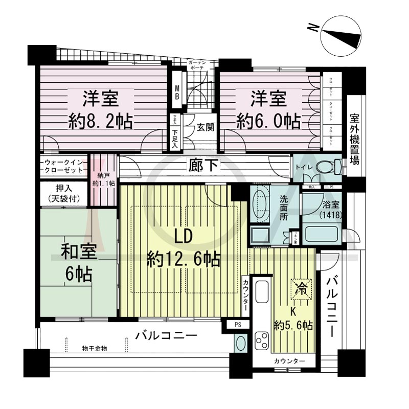 摩耶シーサイドプレイスイースト4番館の間取り図 西向き角　3LDK+納戸　専有面積87.65m2
バルコニー面積17.17m2
ガーデンポーチ面積2.02m2