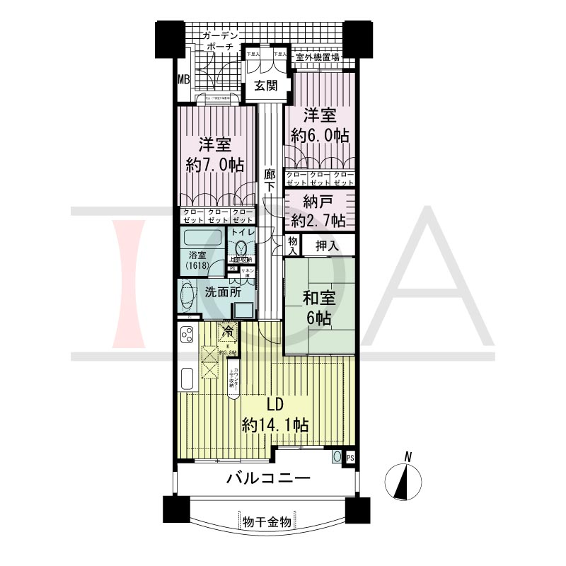 摩耶シーサイドプレイスイースト4番館の間取り図 南向き角　3LDK+納戸　専有面積92.55m2
バルコニー面積17.56m2
ルーフバルコニー面積76.00ｍ2
ガーデンポーチ面積8.14m2