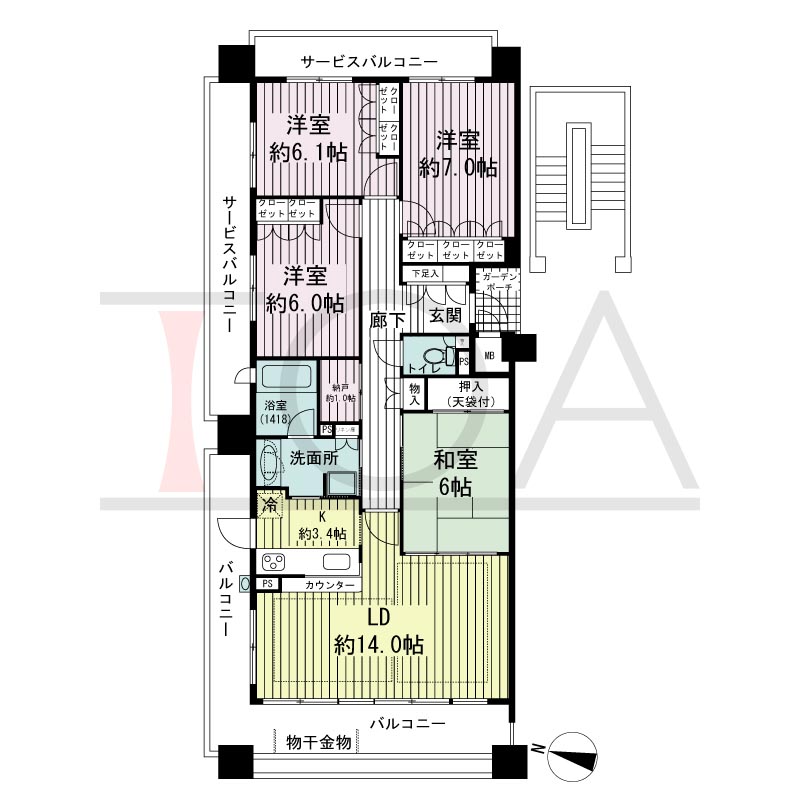摩耶シーサイドプレイスイースト4番館の間取り図 西向き　4LDK+納戸　専有面積98.05m2
バルコニー面積19.80m2
サービスバルコニー面積16.77ｍ2
ガーデンポーチ面積1.98m2
