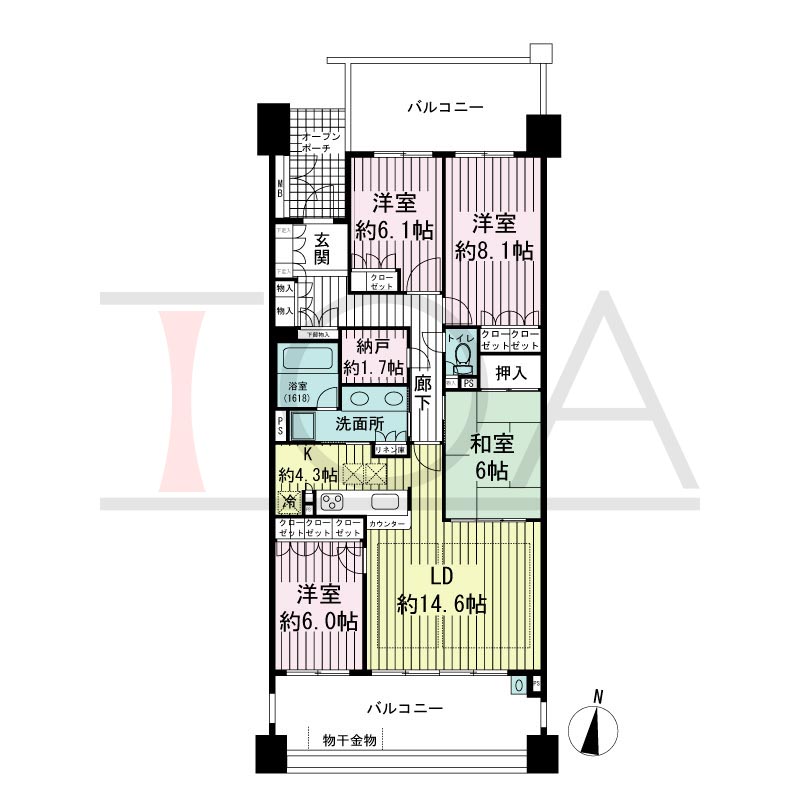 摩耶シーサイドプレイスイースト4番館の間取り図 南向き　4LDK+納戸　専有面積105.00m2
バルコニー面積32.17m2
ガーデンポーチ面積4.80m2