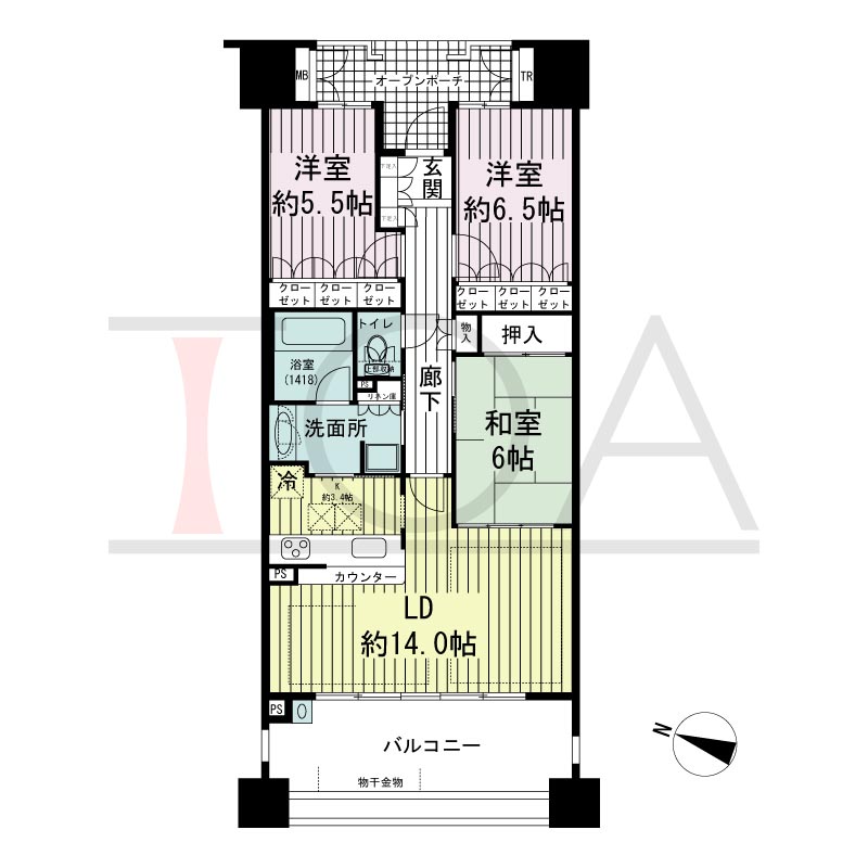 摩耶シーサイドプレイスイースト5番館の間取り図 西向き　3LDK　専有面積80.60m2
バルコニー面積15.72m2
ガーデンポーチ面積6.09m2