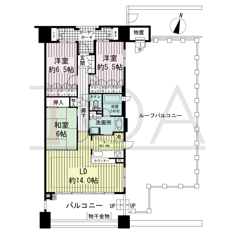 摩耶シーサイドプレイスイースト5番館の間取り図 南向き角　3LDK　専有面積80.60m2
バルコニー面積15.72m2
ルーフバルコニー面積76.40ｍ2
ガーデンポーチ面積6.47m2