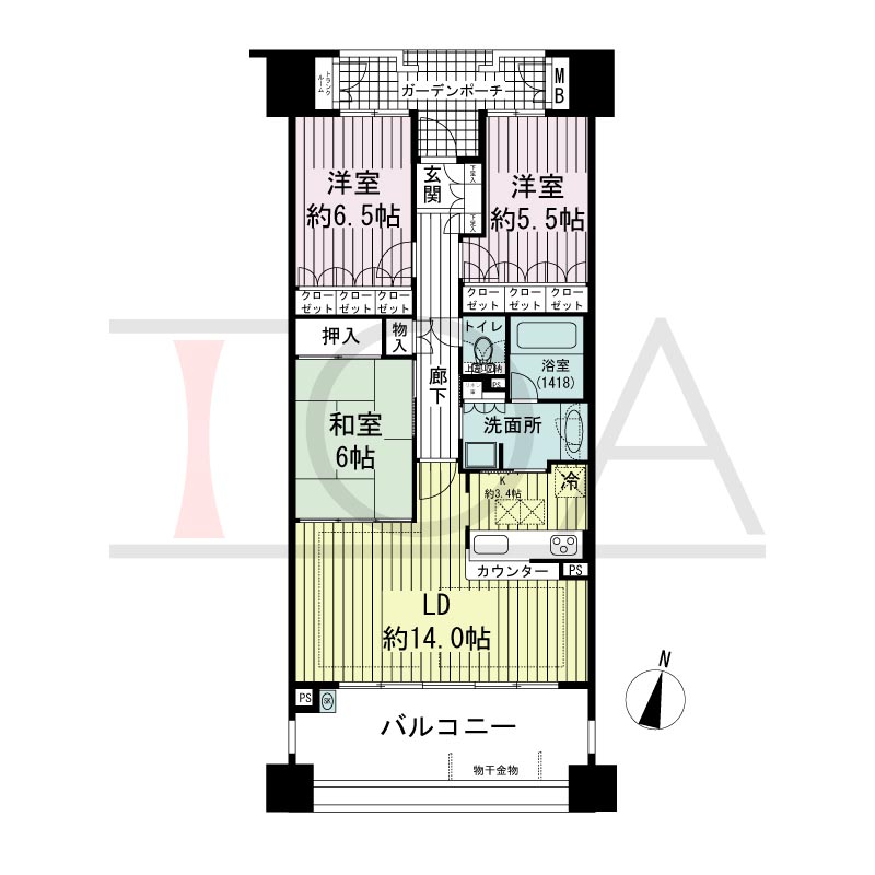 摩耶シーサイドプレイスイースト5番館の間取り図 南向き　3LDK　専有面積80.60m2
バルコニー面積15.72m2
ガーデンポーチ面積6.47m2