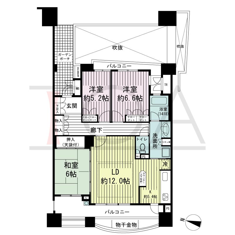 摩耶シーサイドプレイスイースト5番館の間取り図 西向き　3LDK　専有面積83.21m2
バルコニー面積21.36m2
ガーデンポーチ面積8.18m2