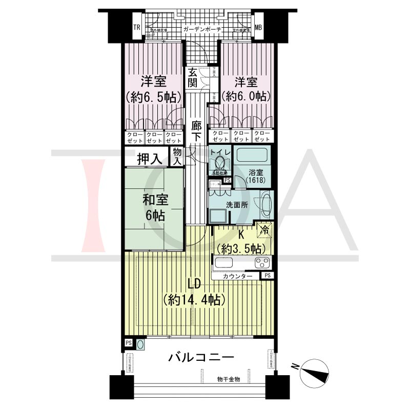 摩耶シーサイドプレイスイースト5番館の間取り図 西向き　3LDK　専有面積83.14m2
バルコニー面積16.22m2
ガーデンポーチ面積6.74m2