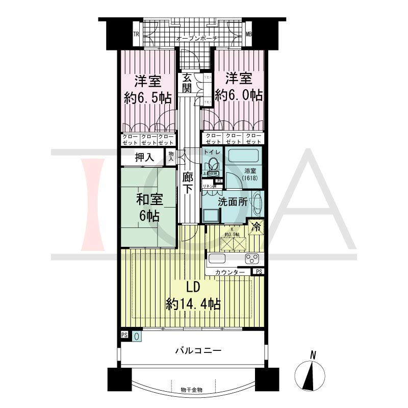 摩耶シーサイドプレイスイースト5番館の間取り図 南向き　3LDK　専有面積83.14m2
バルコニー面積18.21m2
ガーデンポーチ面積6.47m2