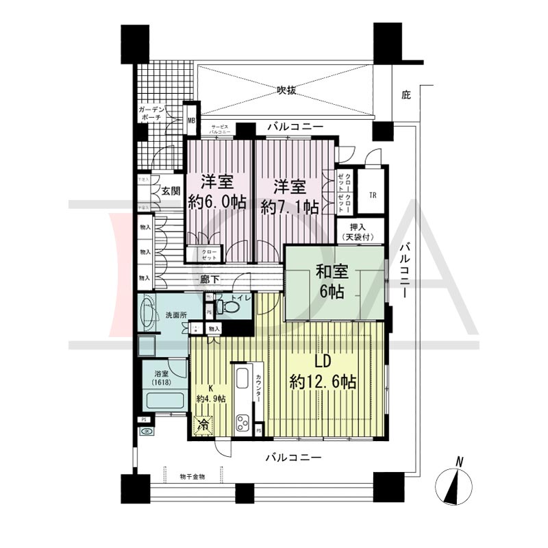 摩耶シーサイドプレイスイースト5番館の間取り図 南向き角　3LDK　専有面積86.06m2
バルコニー面積38.13m2
ガーデンポーチ面積7.70m2