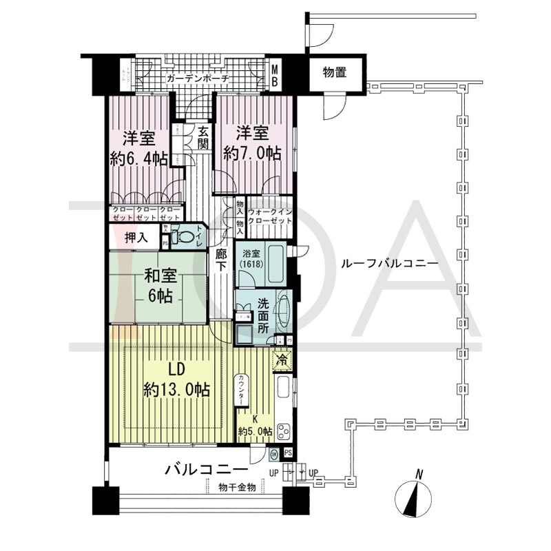 摩耶シーサイドプレイスイースト5番館の間取り図 南向き角　3LDK　専有面積85.57m2
バルコニー面積15.60m2
ルーフバルコニー面積76.40ｍ2
ガーデンポーチ面積7.07m2