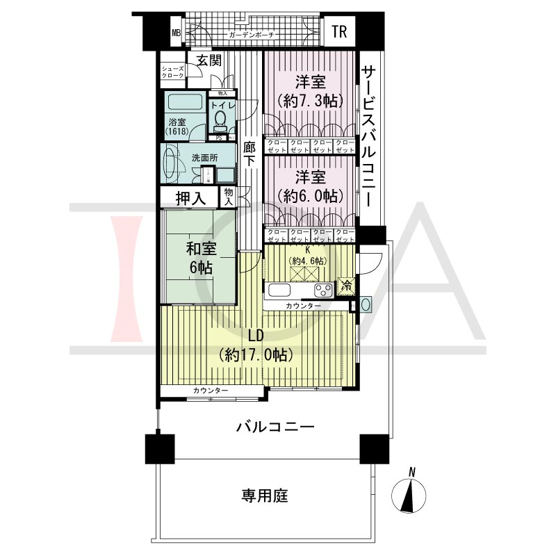 摩耶シーサイドプレイスイースト5番館の間取り図 南向き角3LDK　専有面積96.85m2
バルコニー面積25.16m2
サービスバルコニー面積5.89ｍ2
ガーデンポーチ面積6.72m2
専用庭面積23.87ｍ2