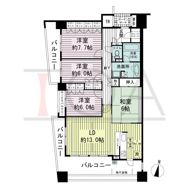 摩耶シーサイドプレイスイースト5番館の間取り図 南向き角　4LDK　専有面積102.94m2
バルコニー面積32.11m2
サービスバルコニー面積1.91ｍ2
ガーデンポーチ面積2.15m2
