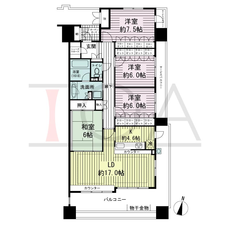 摩耶シーサイドプレイスイースト5番館の間取り図 南向き角　4LDK　専有面積108.94m2
バルコニー面積25.16m2
サービスバルコニー面積8.16ｍ2
ガーデンポーチ面積2.22m2