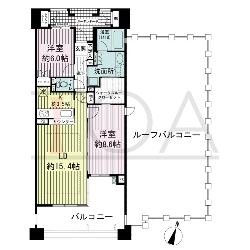 摩耶シーサイドプレイスウエスト1番館の間取り図 東向き角 2LDK 専有面積75.17m2
バルコニー面積21.19m2
ルーフバルコニー面積78.00m2
ガーデンポーチ面積6.69m2