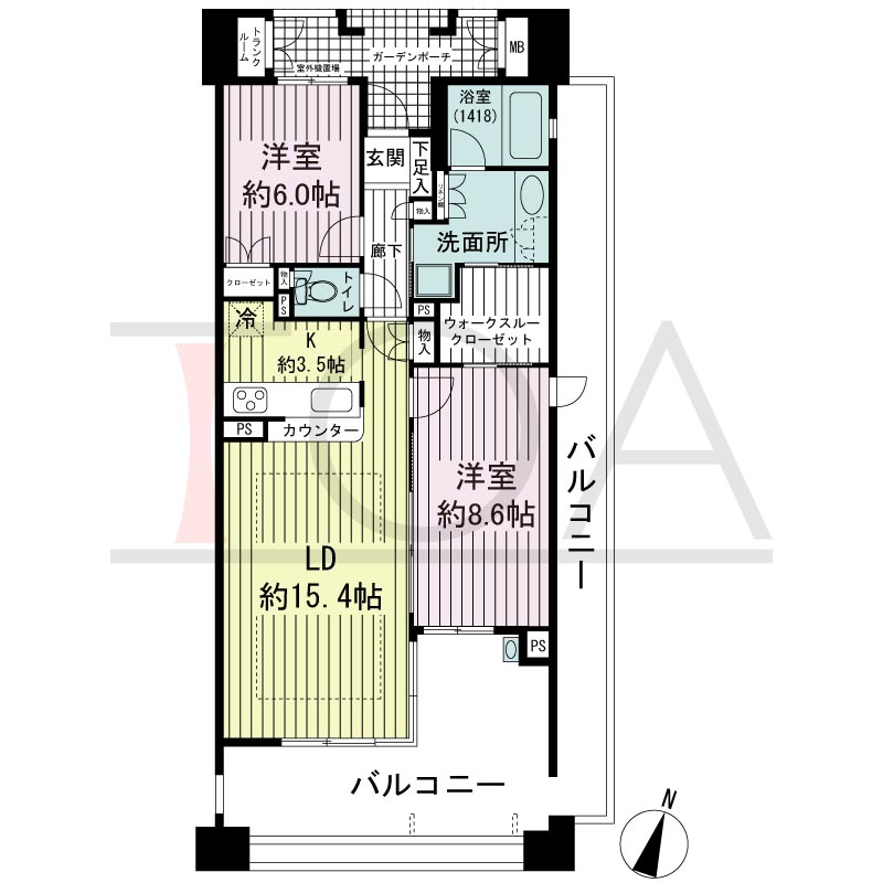 摩耶シーサイドプレイスウエスト1番館の間取り図 東向き角 2LDK 専有面積75.17m2
バルコニー面積38.32m2
ガーデンポーチ面積6.69m2