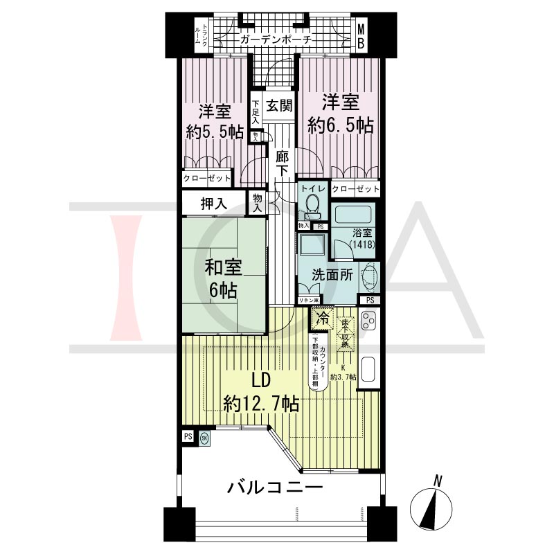 摩耶シーサイドプレイスウエスト1番館の間取り図 南向き 3LDK 専有面積77.83m2
バルコニー面積18.52m2
ガーデンポーチ面積6.09m2