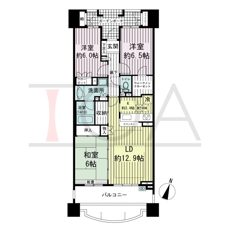 摩耶シーサイドプレイスウエスト1番館の間取り図 南向き 3LDK 専有面積80.84m2
バルコニー面積16.40m2
ガーデンポーチ面積6.09m2