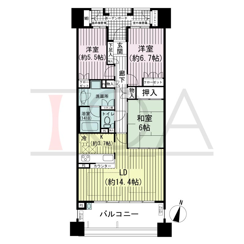 摩耶シーサイドプレイスウエスト1番館の間取り図 南向き 3LDK 専有面積80.84m2
バルコニー面積15.52m2
ガーデンポーチ面積6.09m2
