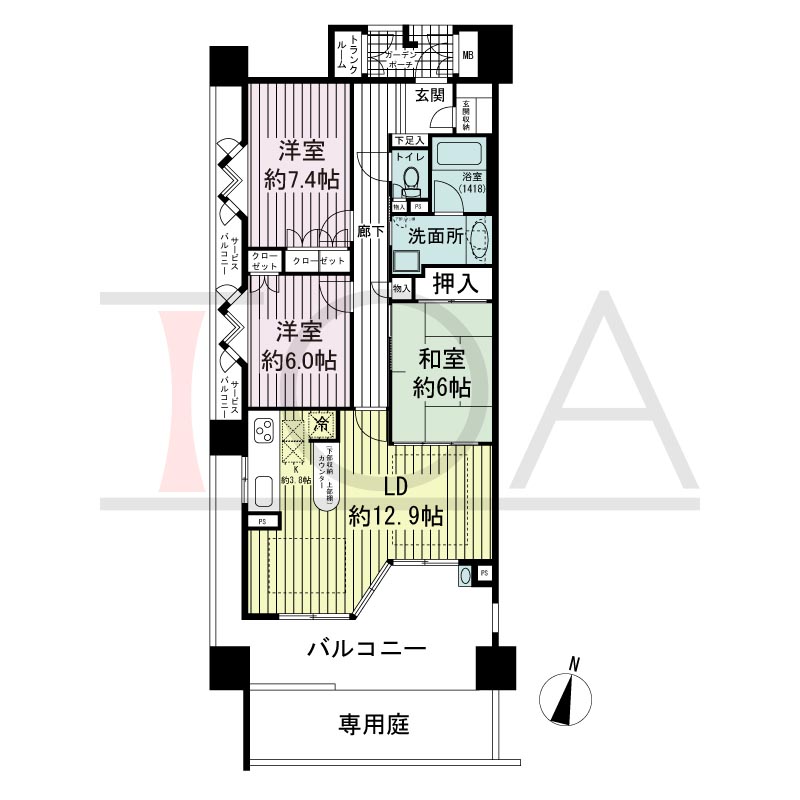 摩耶シーサイドプレイスウエスト1番館の間取り図 南向き角 3LDK 専有面積83.36m2
バルコニー面積20.69m2
ガーデンポーチ面積3.44m2
専用庭面積12.80m2