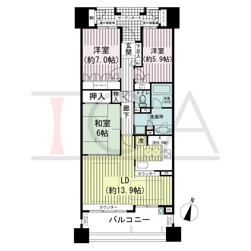 摩耶シーサイドプレイスウエスト1番館の間取り図 南向き 3LDK 専有面積83.41m2
バルコニー面積14.56m2
ガーデンポーチ面積6.36m2