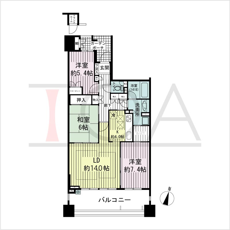 摩耶シーサイドプレイスウエスト1番館の間取り図 南向き 3LDK 専有面積85.32m2
バルコニー面積18.18m2
ガーデンポーチ面積4.70m2