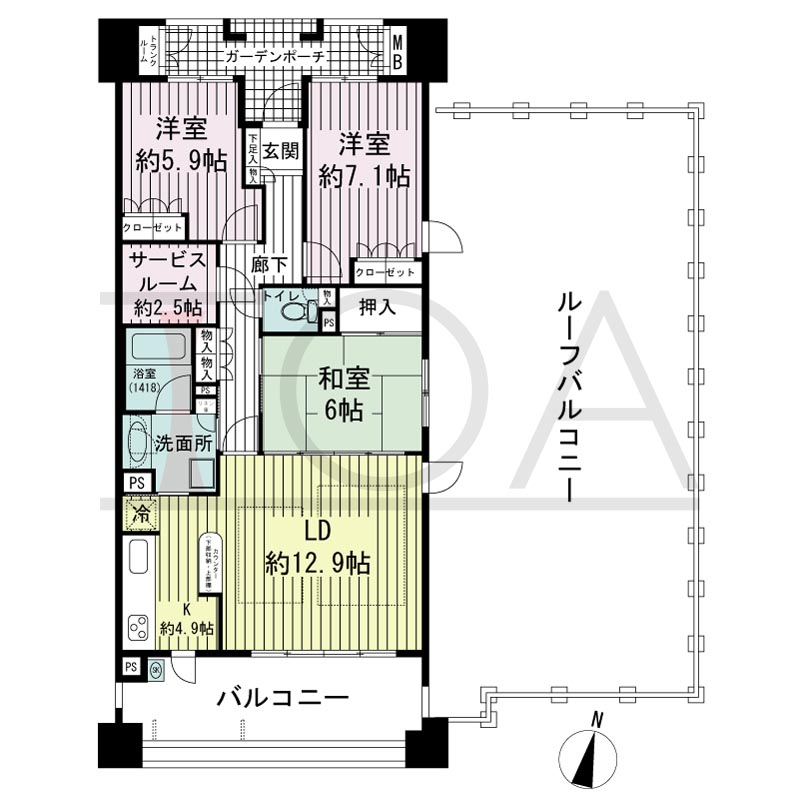 摩耶シーサイドプレイスウエスト1番館の間取り図 東向き角 3LDK+S 専有面積87.26m2
バルコニー面積16.73m2
ルーフバルコニー面積78.00m2
ガーデンポーチ面積6.75m2