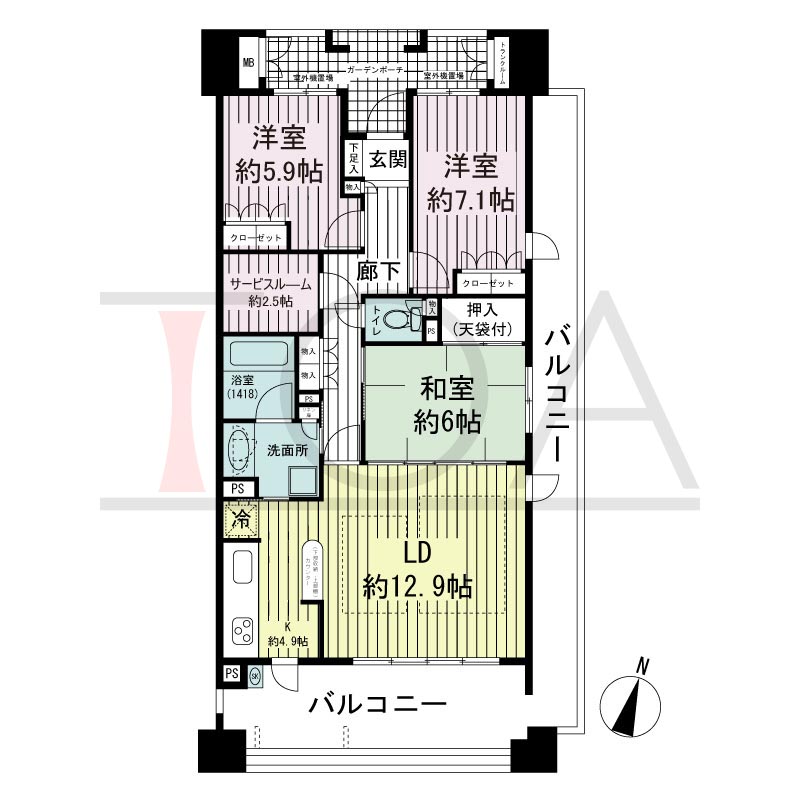 摩耶シーサイドプレイスウエスト1番館の間取り図 東向き角 3LDK+S 専有面積87.26m2
バルコニー面積33.86m2
ガーデンポーチ面積6.75m2