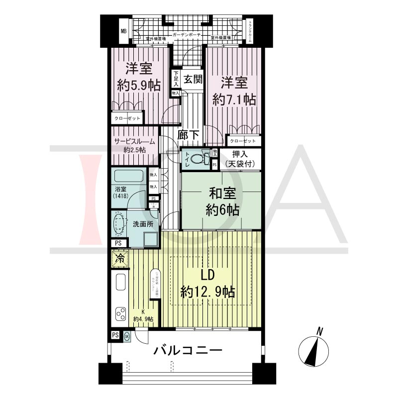 摩耶シーサイドプレイスウエスト1番館の間取り図 南向き 3LDK+S 専有面積87.26m2
バルコニー面積16.73m2
ガーデンポーチ面積6.75m2