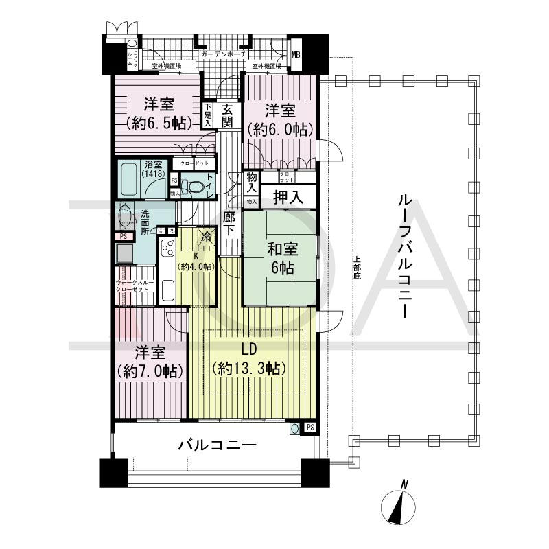 摩耶シーサイドプレイスウエスト1番館の間取り図 東向き角 4LDK 専有面積94.97m2
バルコニー面積18.18m2
ルーフバルコニー面積78.00m2
ガーデンポーチ面積7.55m2
