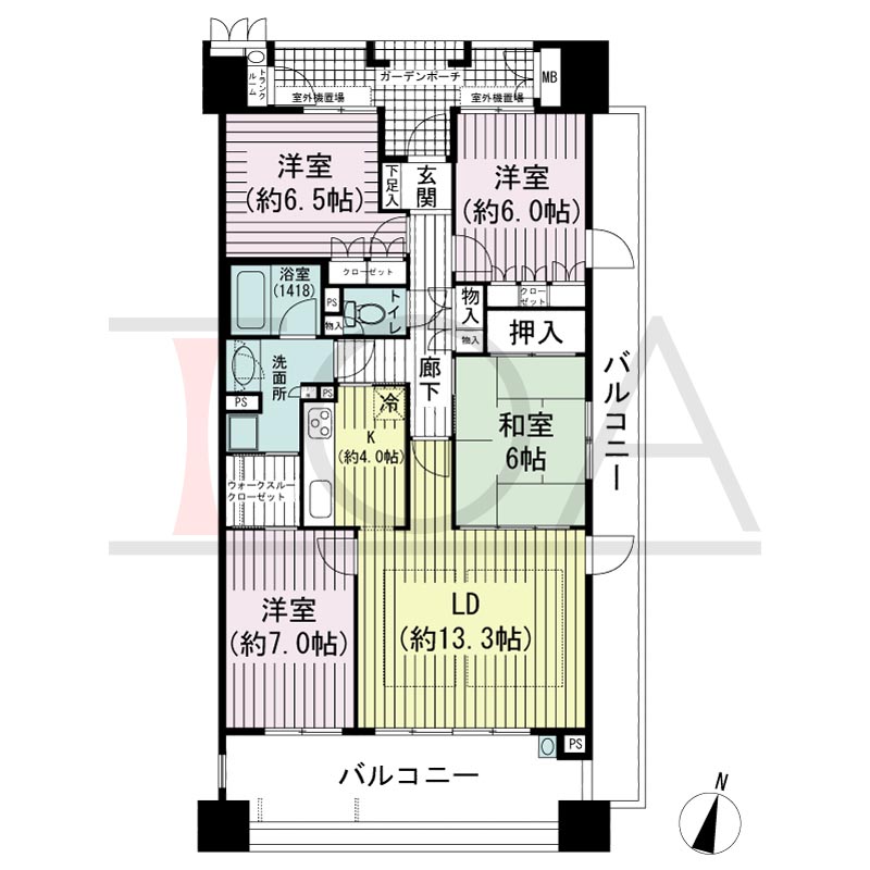 摩耶シーサイドプレイスウエスト1番館の間取り図 東向き角 4LDK 専有面積94.97m2
バルコニー面積35.31m2
ガーデンポーチ面積7.55m2