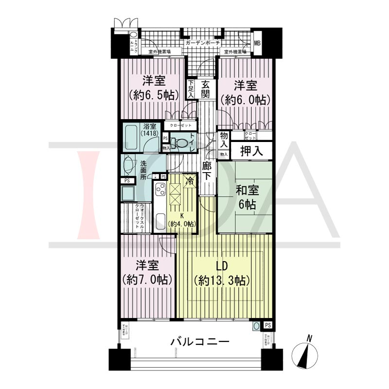 摩耶シーサイドプレイスウエスト1番館の間取り図 南向き 4LDK 専有面積94.97m2
バルコニー面積18.18m2
ガーデンポーチ面積7.55m2