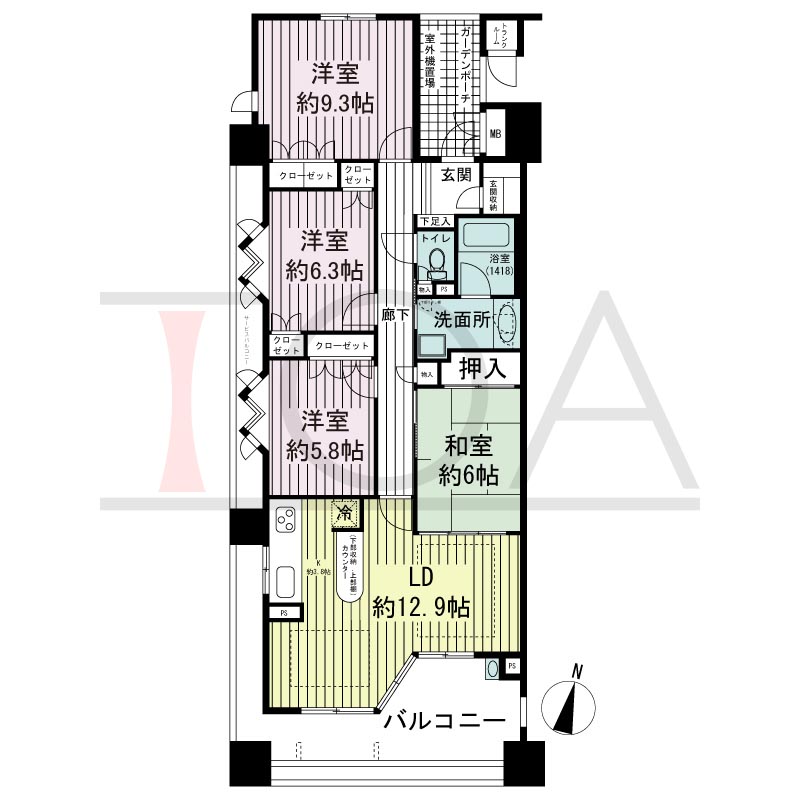 摩耶シーサイドプレイスウエスト1番館の間取り図 南向き角 4LDK 専有面積98.14m2
バルコニー面積20.69m2
サービスバルコニー面積6.29m2
ガーデンポーチ面積5.49m2