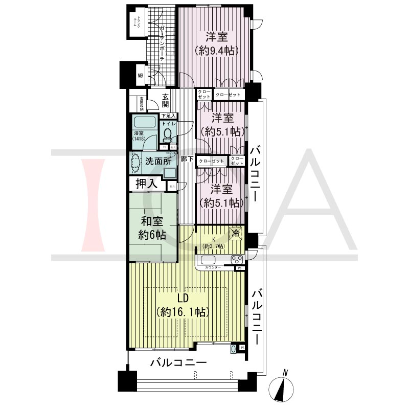 摩耶シーサイドプレイスウエスト1番館の間取り図 南向き角 4LDK 専有面積99.81m2
バルコニー面積30.63m2
ガーデンポーチ面積7.29m2