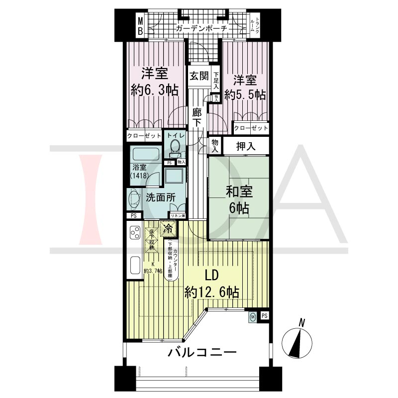 摩耶シーサイドプレイスウエスト2番館の間取り図 南向き 3LDK 専有面積77.83m2
バルコニー面積18.52m2
ガーデンポーチ面積6.09m2