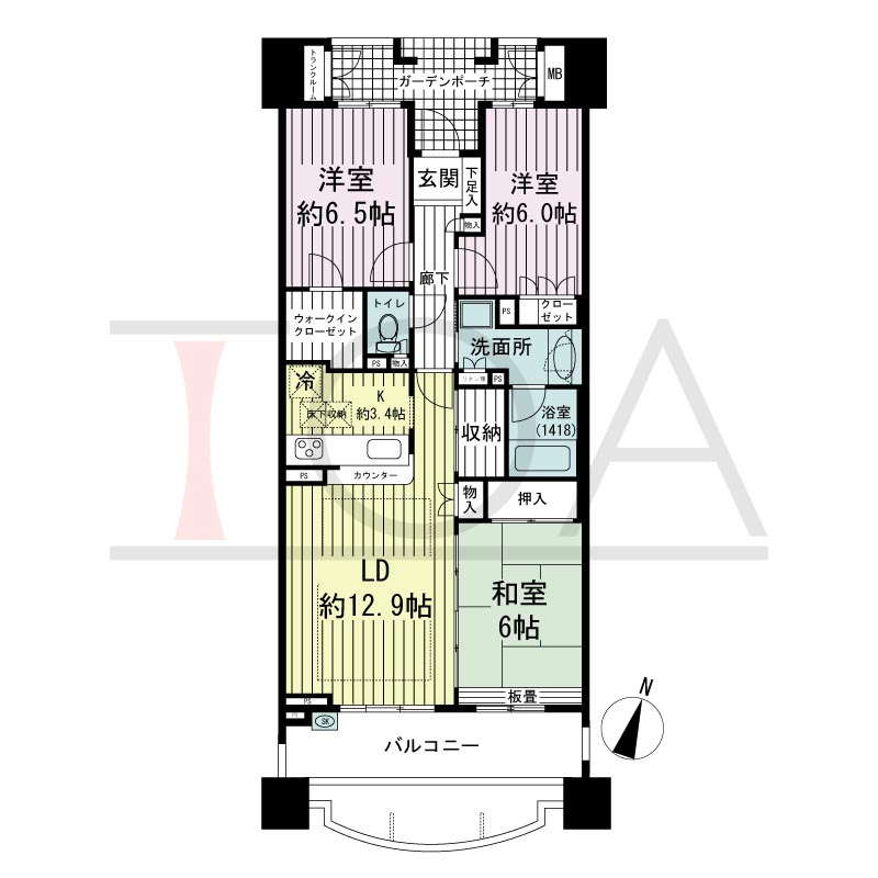 摩耶シーサイドプレイスウエスト2番館の間取り図 南向き 3LDK 専有面積80.84m2
バルコニー面積16.41m2
ガーデンポーチ面積6.09m2