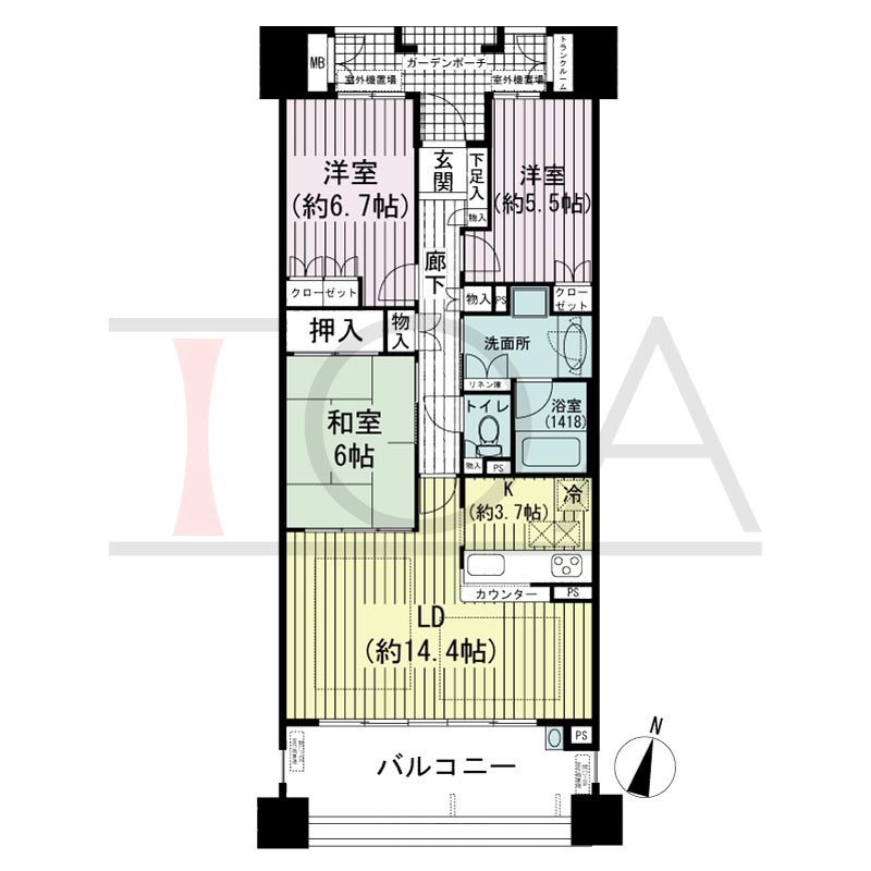 摩耶シーサイドプレイスウエスト2番館の間取り図 南向き 3LDK 専有面積80.84m2
バルコニー面積15.52m2
ガーデンポーチ面積6.09m2
